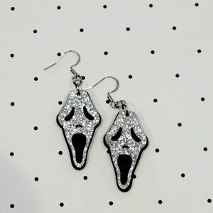 Silver Glitter Ghostface Mask Earrings Stainless Steel Hooks Scary Movie 90s
